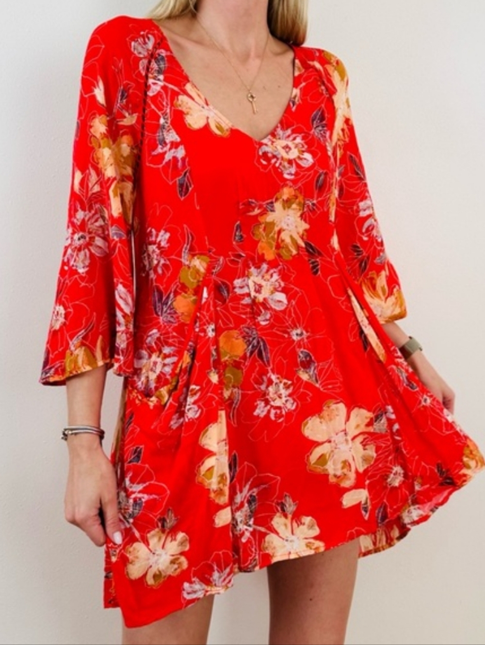 Free People Red Floral V-Neck Flared Dress